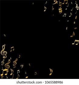 Gold flying musical notes isolated on black backdrop. Fresh musical notation symphony signs, notes for sound and tune music. Vector symbols for melody recording, prints and back layers.
