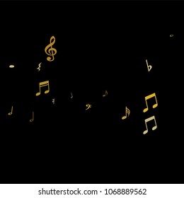 Gold flying musical notes isolated on black background. Stylish musical notation symphony signs, notes for sound and tune music. Vector symbols for melody recording, prints and back layers.