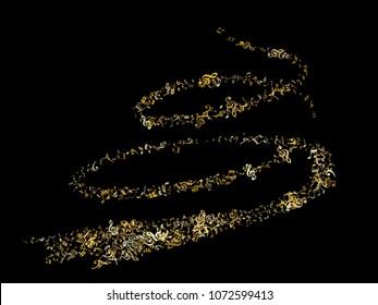 Gold flying musical notes isolated on black backdrop. Cute musical notation symphony signs, notes for sound and tune music. Vector symbols for melody recording, prints and back layers.