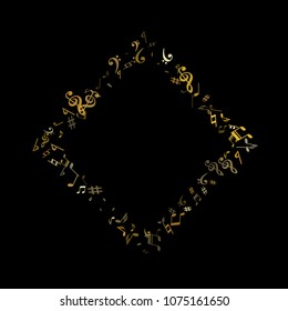 Gold flying musical notes isolated on black backdrop. Premium musical notation symphony signs, notes for sound and tune music. Vector symbols for melody recording, prints and back layers.