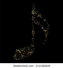 Gold flying musical notes isolated on black backdrop. Fresh musical notation symphony signs, notes for sound and tune music. Vector symbols for melody recording, prints and back layers.