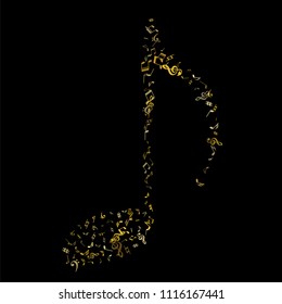 Gold flying musical notes isolated on black background. Fresh musical notation symphony signs, notes for sound and tune music. Vector symbols for melody recording, prints and back layers.