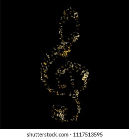 Gold flying musical notes isolated on black backdrop. Metallic musical notation symphony signs, notes for sound and tune music. Vector symbols for melody recording, prints and back layers.