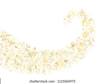 Gold flying musical notes isolated on white backdrop. Metallic musical notation symphony signs, notes for sound and tune music. Vector symbols for melody recording, prints and back layers.