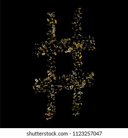 Gold flying musical notes isolated on black backdrop. Luxury musical notation symphony signs, notes for sound and tune music. Vector symbols for melody recording, prints and back layers.