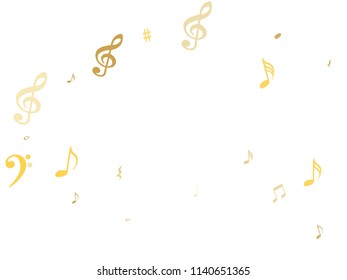 Gold flying musical notes isolated on white background. Stylish musical notation symphony signs, notes for sound and tune music. Vector symbols for melody recording, prints and back layers.