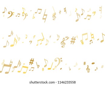 Gold flying musical notes isolated on white backdrop. Metallic musical notation symphony signs, notes for sound and tune music. Vector symbols for melody recording, prints and back layers.