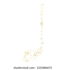 Gold flying musical notes isolated on white background. Fresh musical notation symphony signs, notes for sound and tune music. Vector symbols for melody recording, prints and back layers.