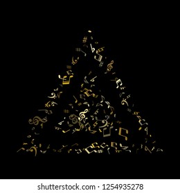 Gold flying musical notes isolated on black background. Stylish musical notation symphony signs, notes for sound and tune music. Vector symbols for melody recording, prints and back layers.
