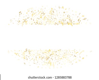 Gold flying musical notes isolated on white backdrop. Stylish musical notation symphony signs, notes for sound and tune music. Vector symbols for melody recording, prints and back layers.