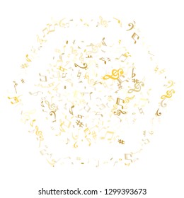 Gold flying musical notes isolated on white background. Metallic musical notation symphony signs, notes for sound and tune music. Vector symbols for melody recording, prints and back layers.