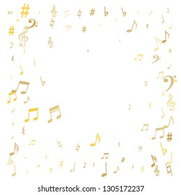 Gold flying musical notes isolated on white backdrop. Stylish musical notation symphony signs, notes for sound and tune music. Vector symbols for melody recording, prints and back layers.