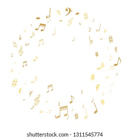 Gold flying musical notes isolated on white backdrop. Stylish musical notation symphony signs, notes for sound and tune music. Vector symbols for melody recording, prints and back layers.