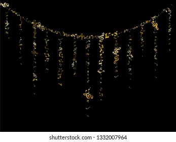 Gold flying musical notes isolated on black backdrop. Luxury musical notation symphony signs, notes for sound and tune music. Vector symbols for melody recording, prints and back layers.