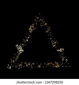 Gold flying musical notes isolated on black backdrop. Metallic musical notation symphony signs, notes for sound and tune music. Vector symbols for melody recording, prints and back layers.