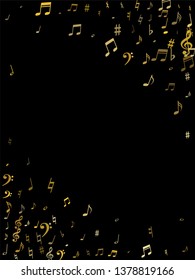 Gold flying musical notes isolated on black backdrop. Stylish musical notation symphony signs, notes for sound and tune music. Vector symbols for melody recording, prints and back layers.