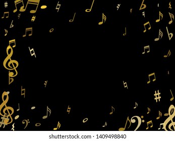 Gold flying musical notes isolated on black backdrop. Stylish musical notation symphony signs, notes for sound and tune music. Vector symbols for melody recording, prints and back layers.