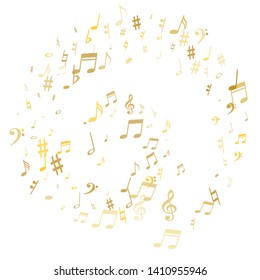 Gold flying musical notes isolated on white backdrop. Cute musical notation symphony signs, notes for sound and tune music. Vector symbols for melody recording, prints and back layers.
