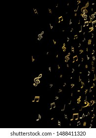 Gold flying musical notes isolated on black backdrop. Cute musical notation symphony signs, notes for sound and tune music. Vector symbols for melody recording, prints and back layers.