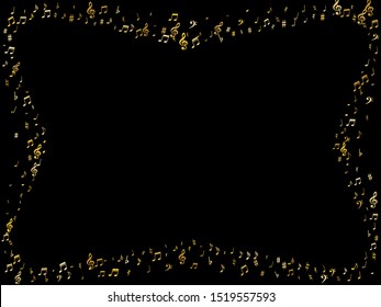 Gold flying musical notes isolated on black background. Fresh musical notation symphony signs, notes for sound and tune music. Vector symbols for melody recording, prints and back layers.