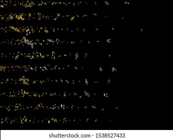 Gold flying musical notes isolated on black backdrop. Cute musical notation symphony signs, notes for sound and tune music. Vector symbols for melody recording, prints and back layers.