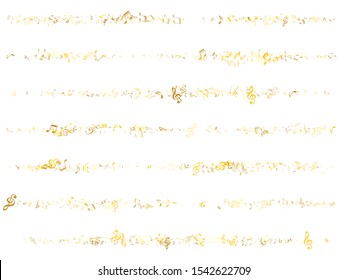 Gold flying musical notes isolated on white background. Luxury musical notation symphony signs, notes for sound and tune music. Vector symbols for melody recording, prints and back layers.