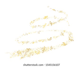 Gold flying musical notes isolated on white backdrop. Luxury musical notation symphony signs, notes for sound and tune music. Vector symbols for melody recording, prints and back layers.