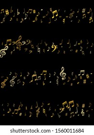 Gold flying musical notes isolated on black background. Stylish musical notation symphony signs, notes for sound and tune music. Vector symbols for melody recording, prints and back layers.