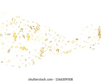 Gold flying musical notes isolated on white backdrop. Luxury musical notation symphony signs, notes for sound and tune music. Vector symbols for melody recording, prints and back layers.