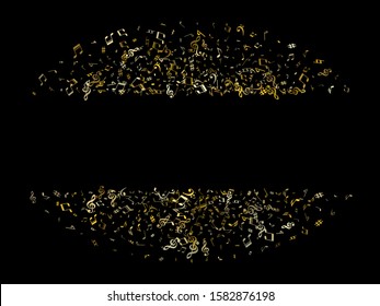 Gold flying musical notes isolated on black background. Luxury musical notation symphony signs, notes for sound and tune music. Vector symbols for melody recording, prints and back layers.