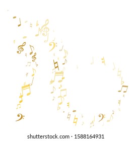 Gold flying musical notes isolated on white backdrop. Stylish musical notation symphony signs, notes for sound and tune music. Vector symbols for melody recording, prints and back layers.