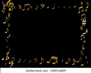 Gold flying musical notes isolated on black backdrop. Stylish musical notation symphony signs, notes for sound and tune music. Vector symbols for melody recording, prints and back layers.