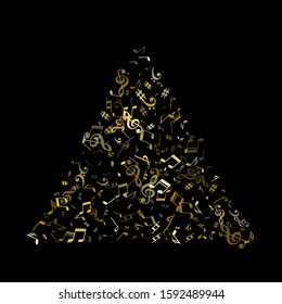 Gold flying musical notes isolated on black backdrop. Metallic musical notation symphony signs, notes for sound and tune music. Vector symbols for melody recording, prints and back layers.