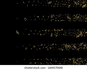 Gold flying musical notes isolated on black background. Fresh musical notation symphony signs, notes for sound and tune music. Vector symbols for melody recording, prints and back layers.