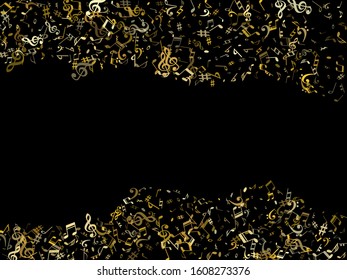 Gold flying musical notes isolated on black backdrop. Luxury musical notation symphony signs, notes for sound and tune music. Vector symbols for melody recording, prints and back layers.