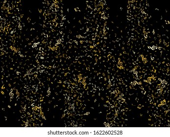 Gold flying musical notes isolated on black background. Metallic musical notation symphony signs, notes for sound and tune music. Vector symbols for melody recording, prints and back layers.