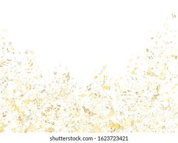Gold flying musical notes isolated on white backdrop. Metallic musical notation symphony signs, notes for sound and tune music. Vector symbols for melody recording, prints and back layers.