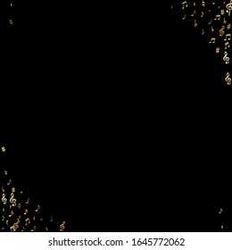 Gold flying musical notes isolated on black backdrop. Stylish musical notation symphony signs, notes for sound and tune music. Vector symbols for melody recording, prints and back layers.