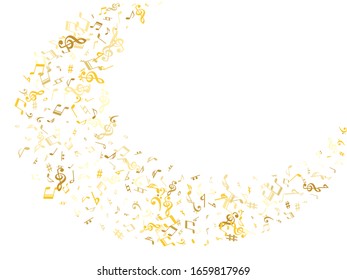 Gold flying musical notes isolated on white background. Cute musical notation symphony signs, notes for sound and tune music. Vector symbols for melody recording, prints and back layers.