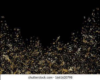 Gold flying musical notes isolated on black background. Cute musical notation symphony signs, notes for sound and tune music. Vector symbols for melody recording, prints and back layers.