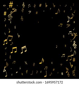 Gold flying musical notes isolated on black backdrop. Fresh musical notation symphony signs, notes for sound and tune music. Vector symbols for melody recording, prints and back layers.