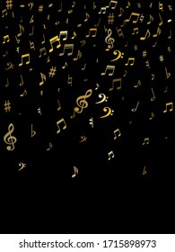Gold flying musical notes isolated on black background. Cute musical notation symphony signs, notes for sound and tune music. Vector symbols for melody recording, prints and back layers.