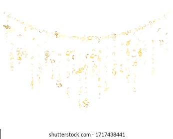 Notas musicales voladoras de oro aisladas en fondo blanco. Señales sinfónicas de notación musical metálica, notas de sonido y música de melodía. Símbolos vectoriales para grabación de melodía, impresión y capas posteriores.