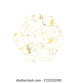 Goldene fliegende musikalische Noten einzeln auf weißem Hintergrund. Hochwertige Notensymphoniezeichen, Noten für Klang und Melodie. Vektorsymbole für Melodie-Aufnahmen, Ausdrucke und Hinterlagen.
