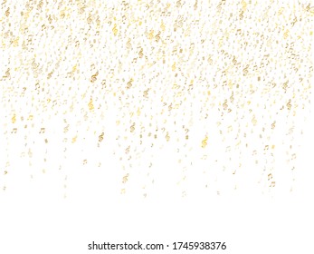 Gold fliegende musikalische Noten isoliert auf weißem Hintergrund. Glossy musikalische Notation Symphoniezeichen, Noten für Klang und Melodien. Vector-Symbole für Melodiebensaufnahmen, Drucke und Hinterschichten.