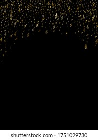 Gold flying musical notes isolated on black backdrop. Fresh musical notation symphony signs, notes for sound and tune music. Vector symbols for melody recording, prints and back layers.