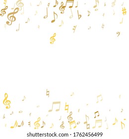 Notas musicales voladoras de oro aisladas de fondo blanco. Señales sinfónicas de notación musical de diseño, notas para música de sonido y melodía. Símbolos vectoriales para grabación de melodía, impresiones y capas posteriores.