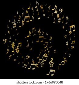 Gold flying musical notes isolated on black background. Fresh musical notation symphony signs, notes for sound and tune music. Vector symbols for melody recording, prints and back layers.