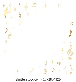 Gold flying musical notes isolated on white backdrop. Fresh musical notation symphony signs, notes for sound and tune music. Vector symbols for melody recording, prints and back layers.