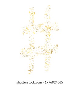 Gold flying musical notes isolated on white backdrop. Metallic musical notation symphony signs, notes for sound and tune music. Vector symbols for melody recording, prints and back layers.